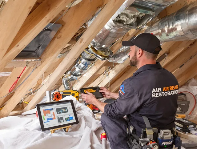 Maynard Air Duct Cleaning technician performing precise duct repair work in Maynard