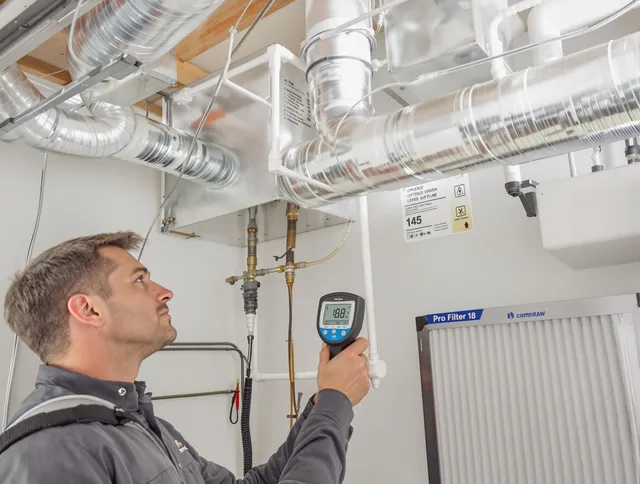 Maynard Air Duct Cleaning expert conducting detailed filter system inspection using diagnostic tools in Maynard